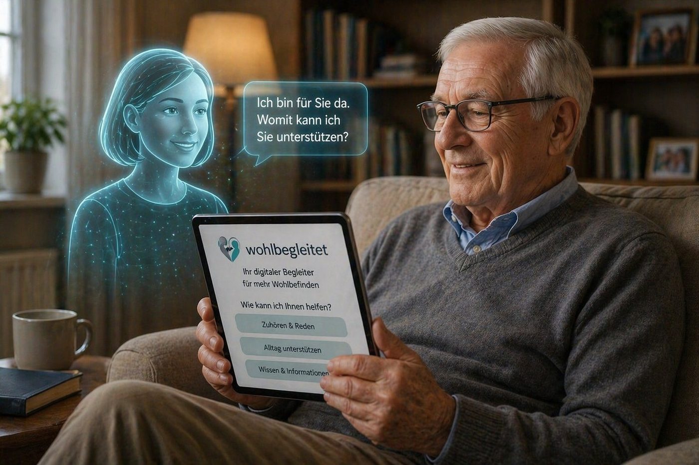Älterer Herr liest aufmerksam auf einem Tablet